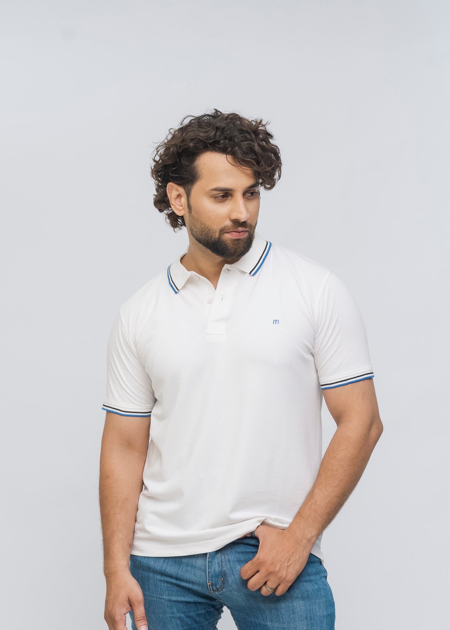 M Emblem Stretch Polo Tipping Collar (White)