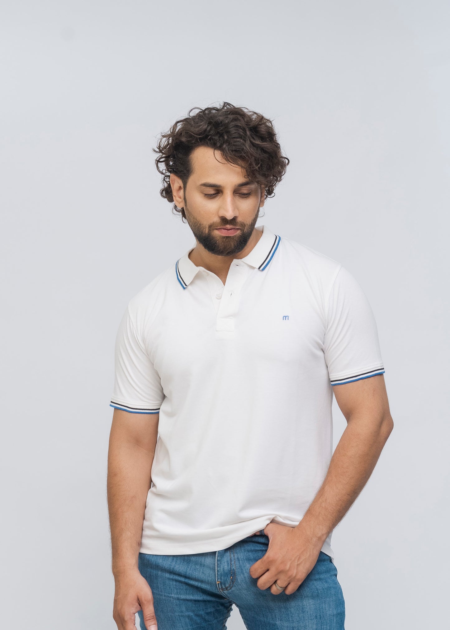 M Emblem Stretch Polo Tipping Collar (White)
