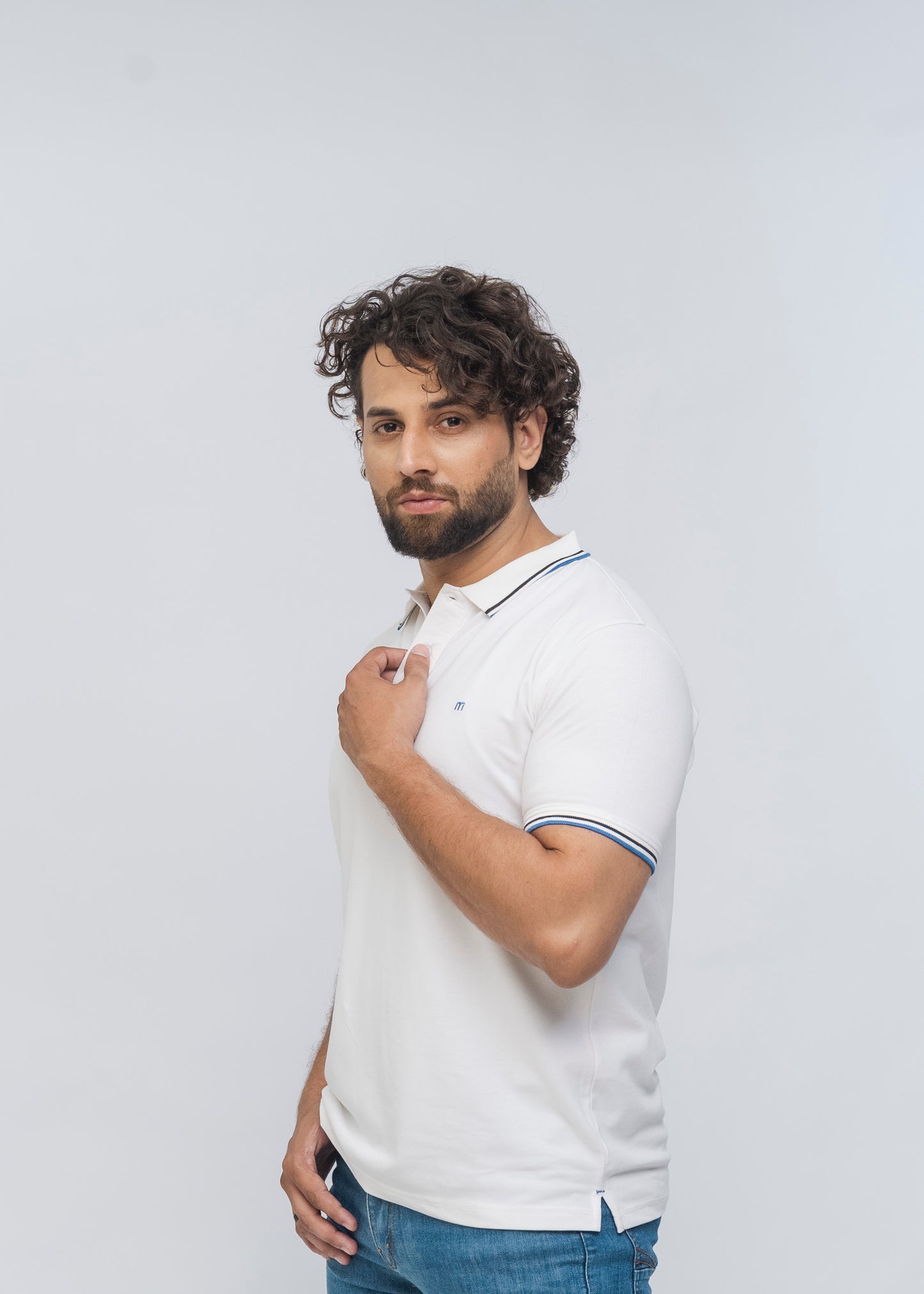 M Emblem Stretch Polo Tipping Collar (White)