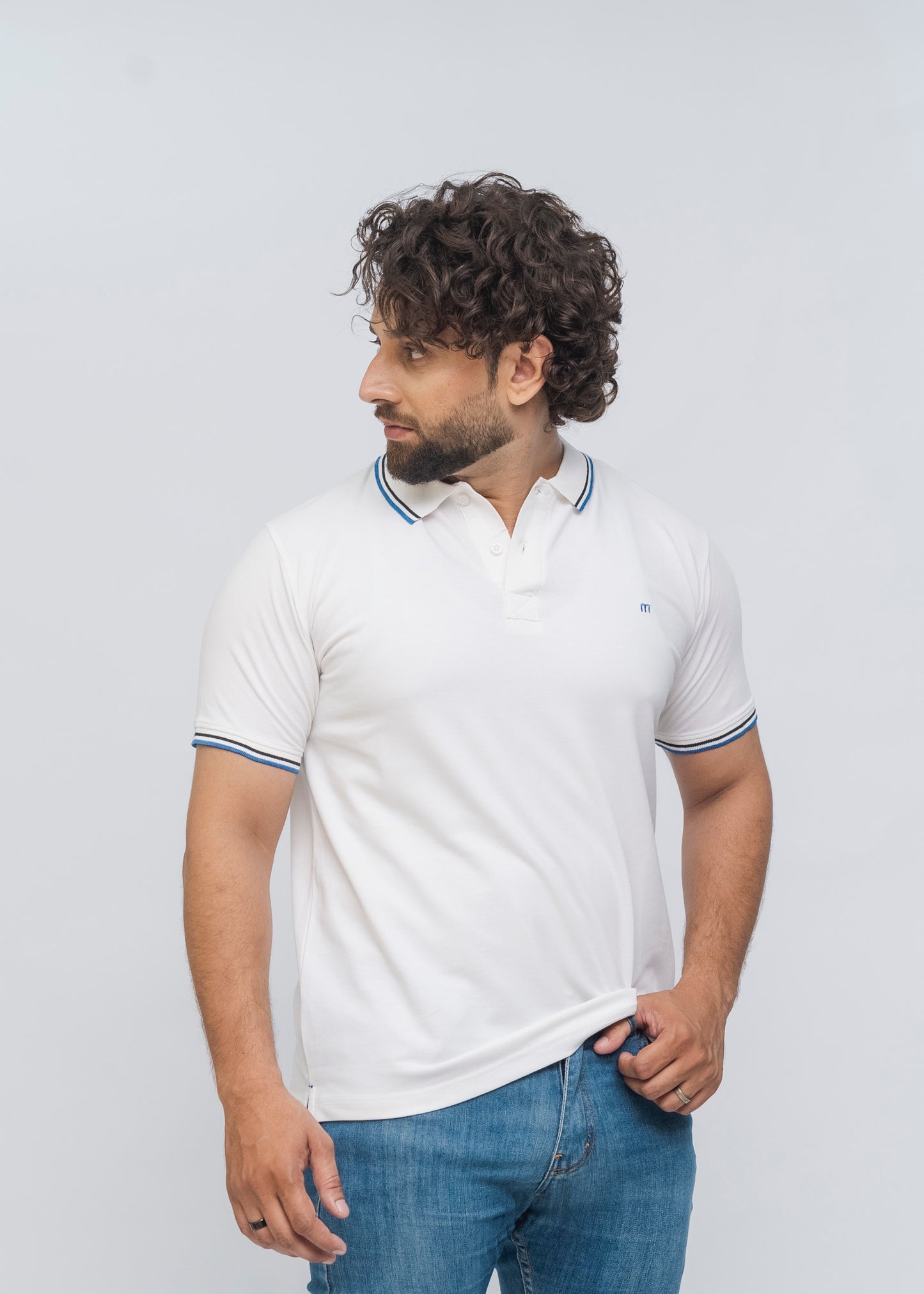 M Emblem Stretch Polo Tipping Collar (White)