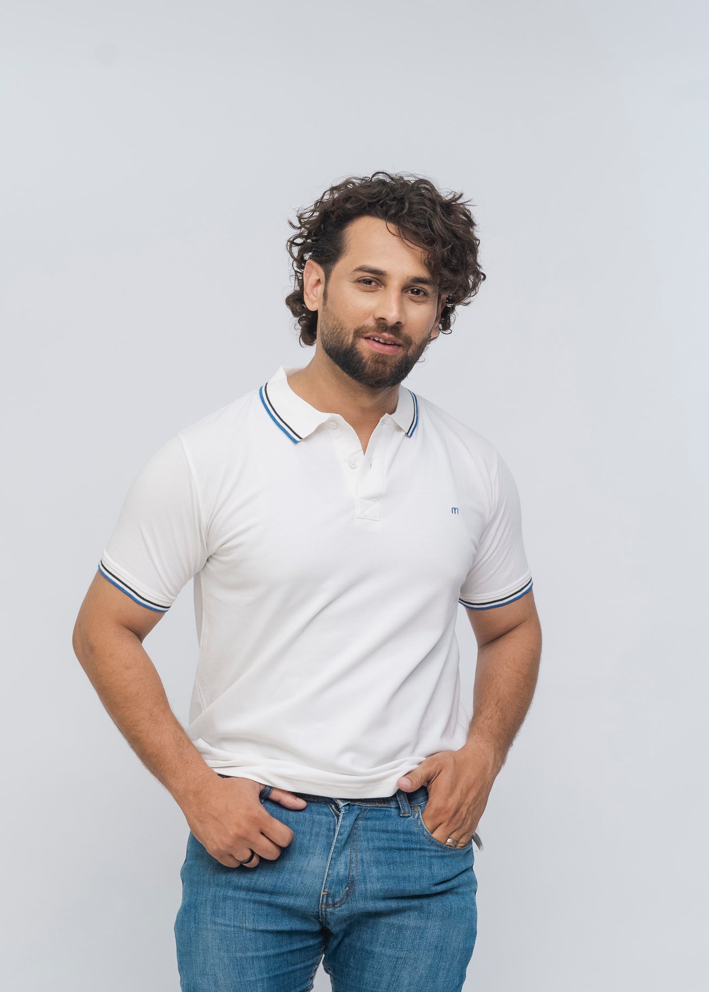 M Emblem Stretch Polo Tipping Collar (White)