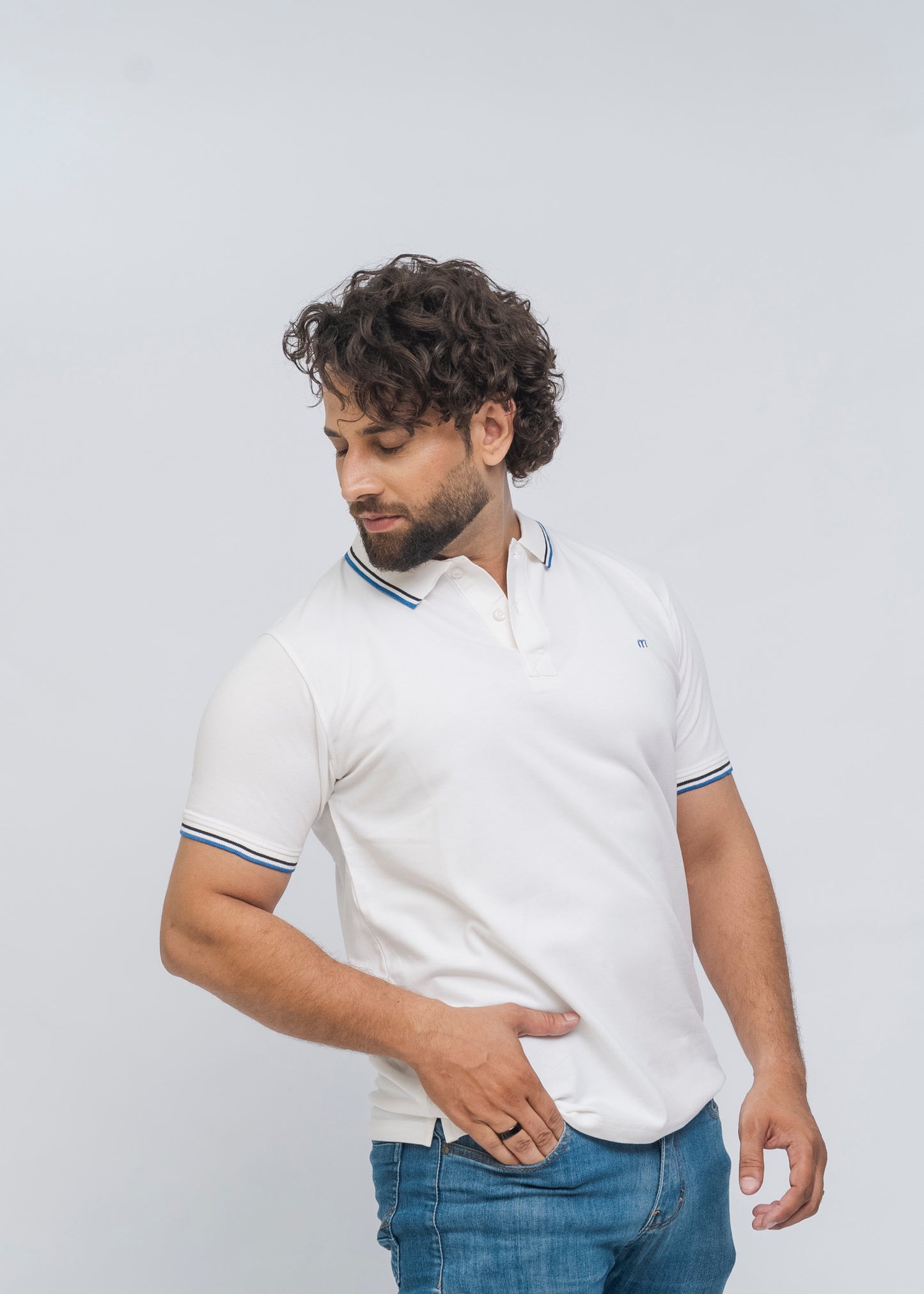 M Emblem Stretch Polo Tipping Collar (White)