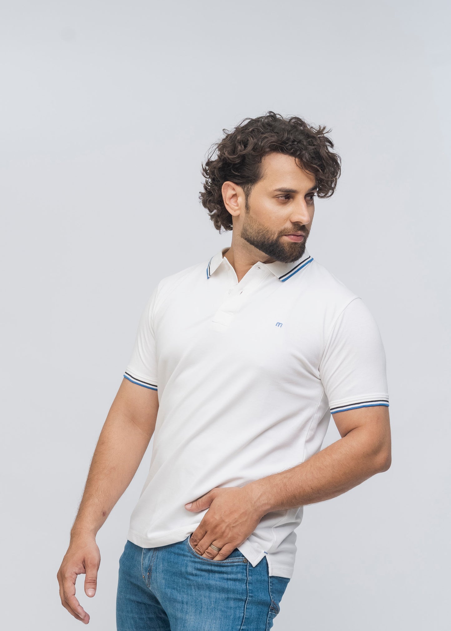 M Emblem Stretch Polo Tipping Collar (White)